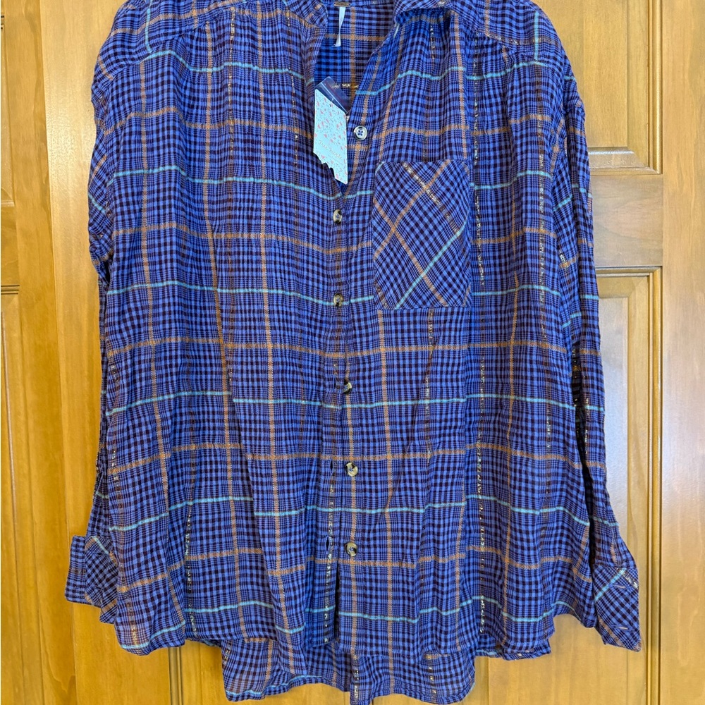 Free People Blue Plaid Button Down Shirt NWT